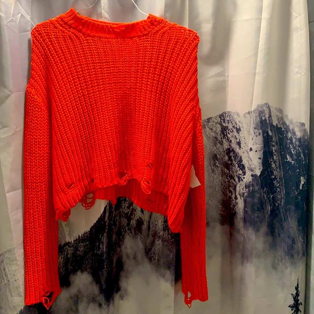 ZARA distressed red crop sweater